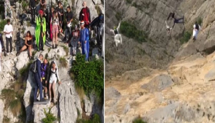 Video : लग्नानंतर उंच पर्वतावरून वधू-वरासोबत पुजारी, वऱ्हाड्यांनी मारली उडी; विचित्र लग्नाचा थरारक व्हिडीओ VIRAL