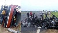 Rolls-Royce च्या धडकेत टँकरमधील दोघांचा जागीच मत्यू; कारमधील पाचही बचावले