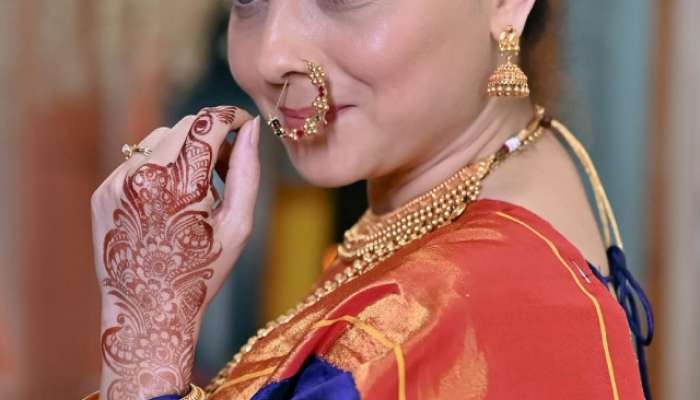 Marathi Actress Sonalee Kulkarni blue paithani saree attend wedding function see photos