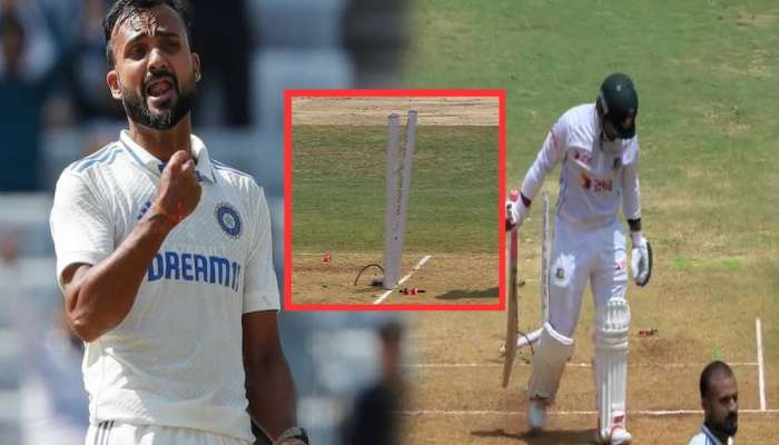 IND VS BAN Test : आकाश दीपचा &#039;स्टंप तोड&#039; परफॉर्मन्स! हॅट्रिकचा चान्स हुकला पण बांगलादेशचे वाजवले बारा Video 