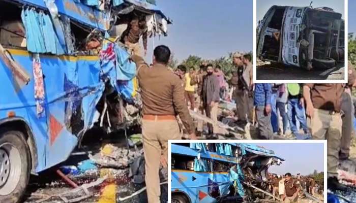 प्रवाशांनी भरलेली बस थेट ट्रकमध्ये जाऊन घुसली;  अंगावर काटा आणणारा अपघात, काचा फोडून काढलं बाहेर 