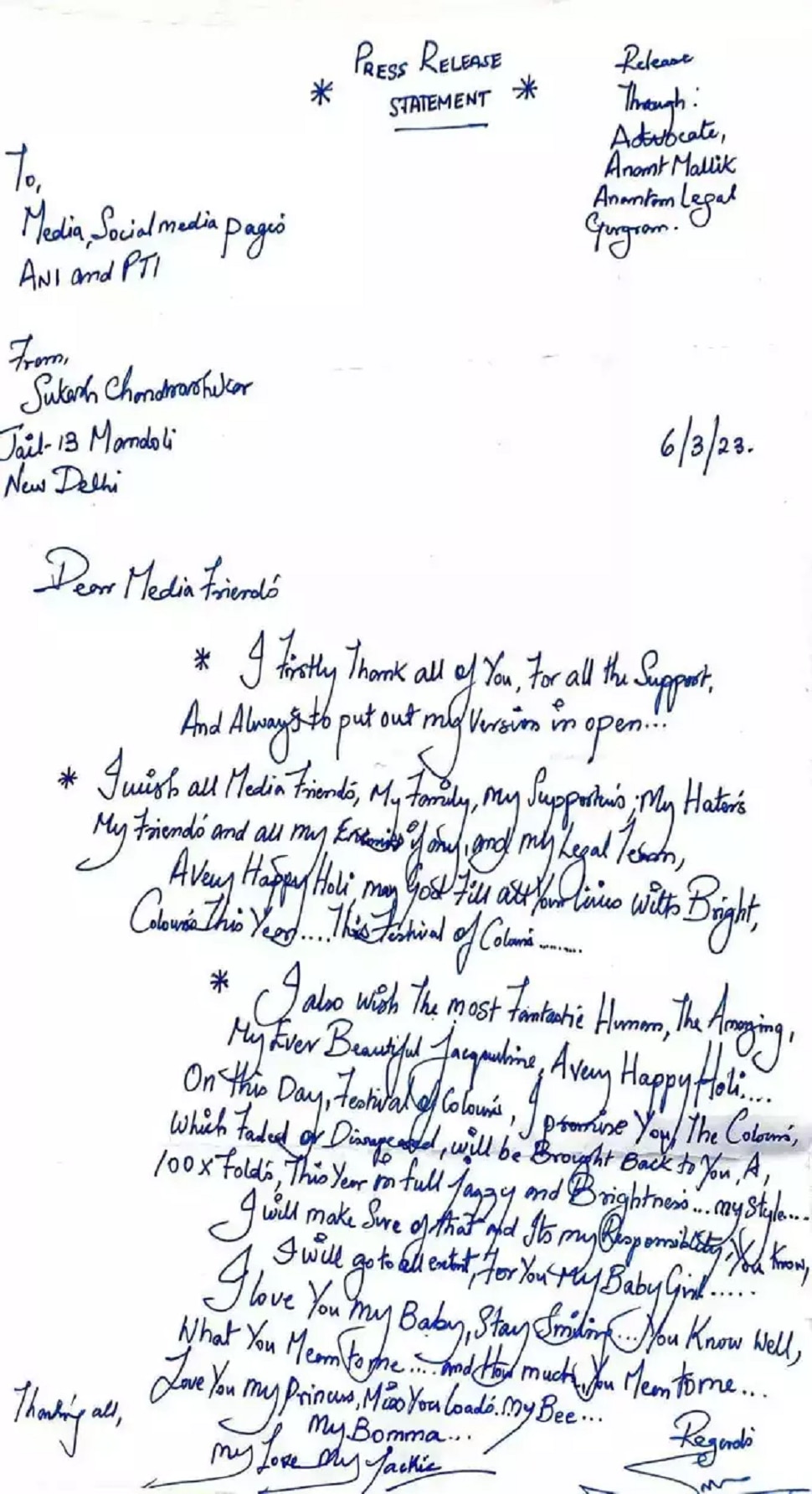 Conman sukesh chandrashekhar wrote letter to bollywood Actress jacqueline fernanadez 
