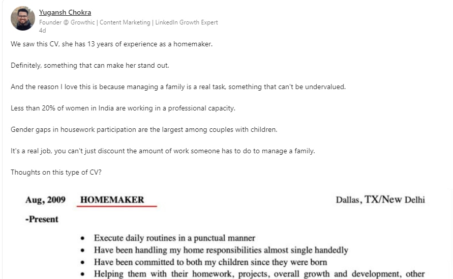Womans shares her cv mentioned 13 Years Of Homemaker Experience Goes Viral On LinkedIn